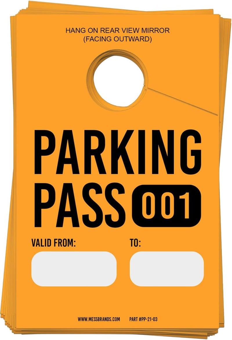 MESS Parking Permit Hang Tag (001-500 Numbered) - Car Pass Hangtags for Parking Lot - Temporary Tags for Rear View Mirror, Windshield 3x5 (Orange) - Image 1